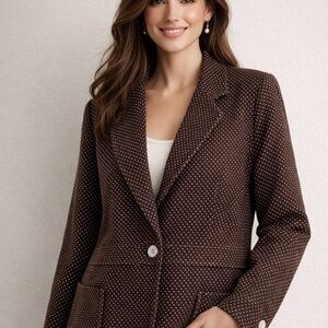 Dialogue Brown White Polka Dot Peplum One Button Blazer Size XL